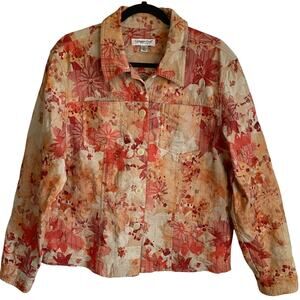 Coldwater Creek Button Up Jacket Sz XL Floral Tan Orange Textured Shabby Chic